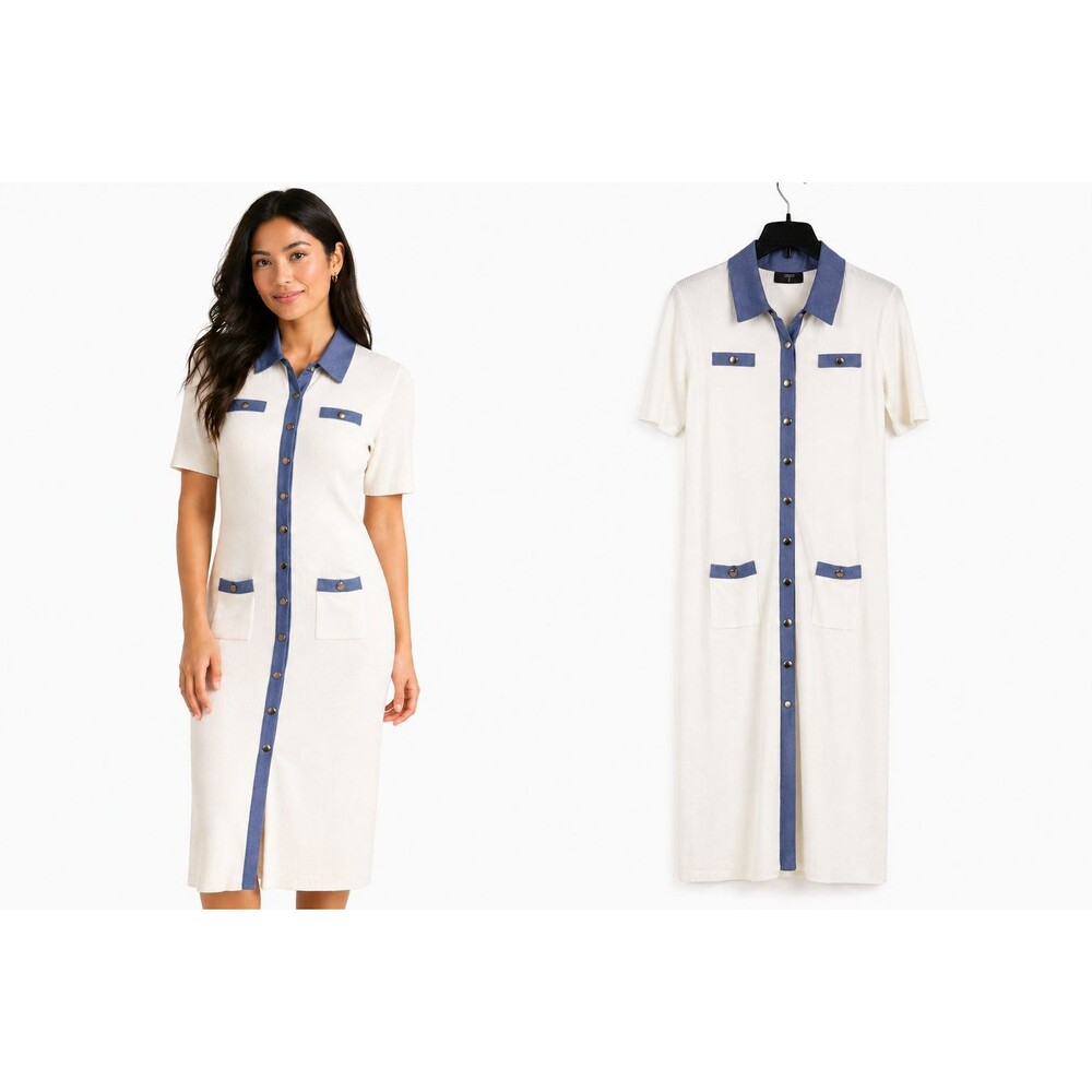 New Tahari Shirt Dress Size XL Button Front Vintage Cream Blue